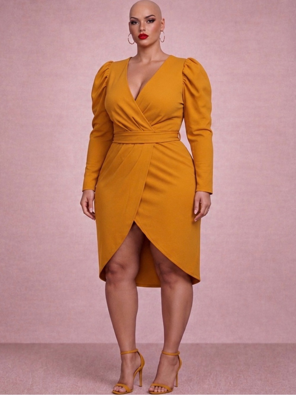 Fashion Nova Mustard Puff Sleeve Wrap Midi Dress XL